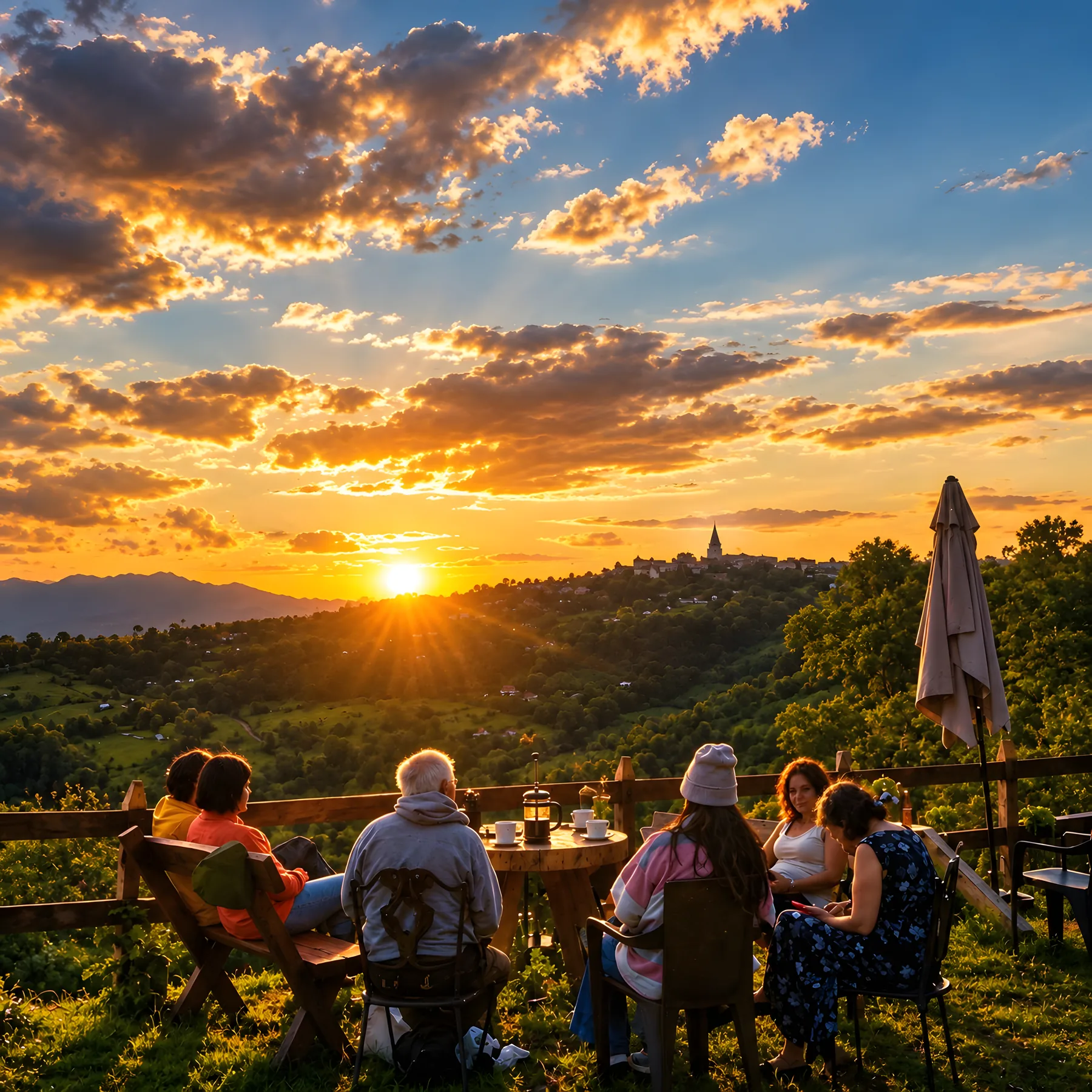 Un grupo de amigos con café en el prado de un mirador, frente al atardecer y al pueblo con su iglesia